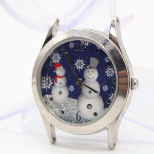 Vintage Christmas Watch Mens Silver Tone Stainless Steel Snow Men Blue Dial 90s